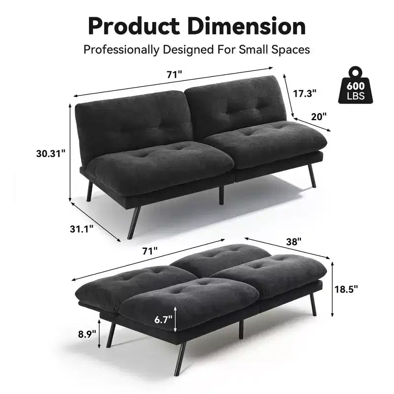 72" Convertible Futon Sofa Bed with Adjustable Backrest and Washable Covers