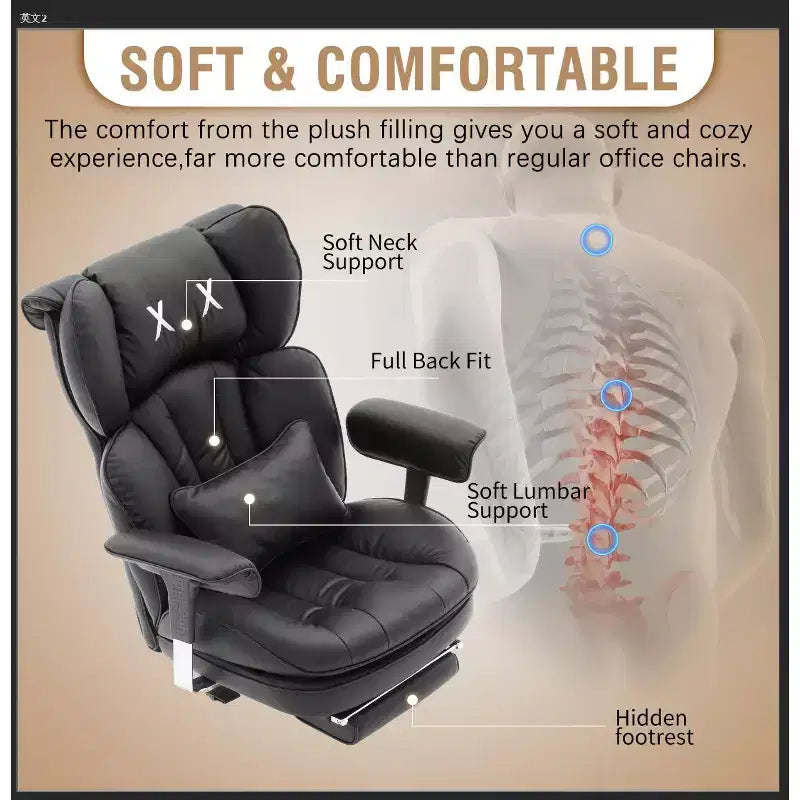 High Back Office Chair with Footrest – Wide Seat, Adjustable Armrests, Ergonomic Design, Black