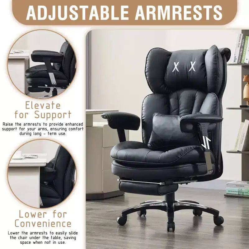 Sedia da Ufficio con Schienale Alto e Poggiapiedi – Sedile Ampio, Braccioli Regolabili, Design Ergonomico, Nera