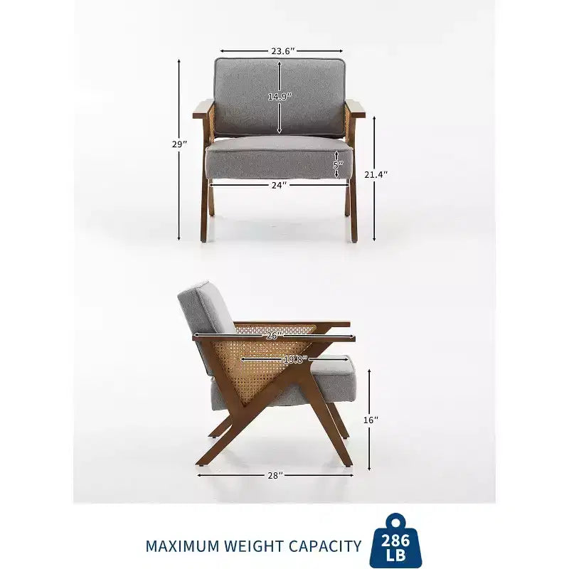 Poltrona lounge in rattan di metà secolo con cuscino in lino e struttura in legno, capacità 130 kg, beige/grigio