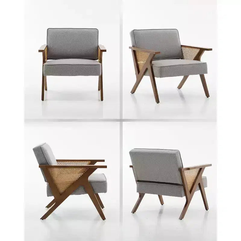 Poltrona lounge in rattan di metà secolo con cuscino in lino e struttura in legno, capacità 130 kg, beige/grigio