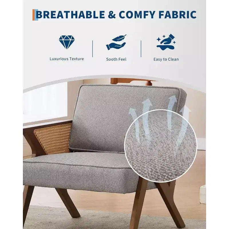 Poltrona lounge in rattan di metà secolo con cuscino in lino e struttura in legno, capacità 130 kg, beige/grigio
