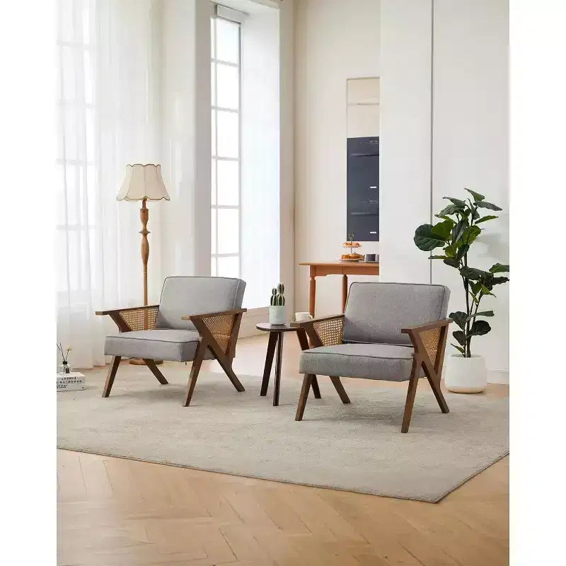 Poltrona lounge in rattan di metà secolo con cuscino in lino e struttura in legno, capacità 130 kg, beige/grigio