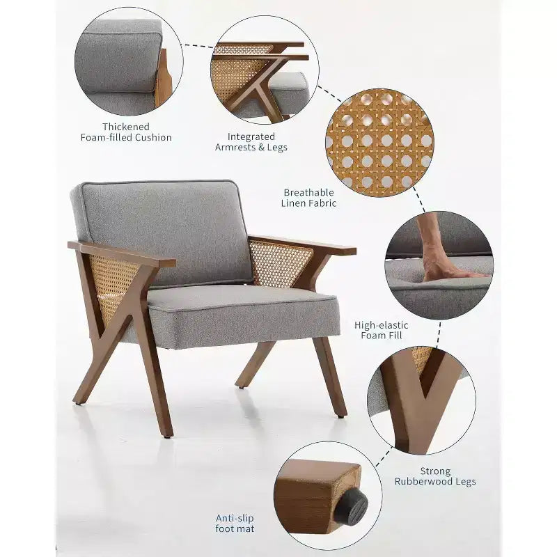 Poltrona lounge in rattan di metà secolo con cuscino in lino e struttura in legno, capacità 130 kg, beige/grigio