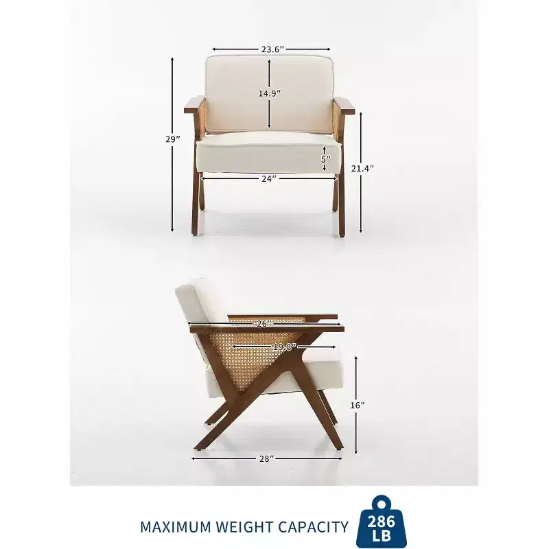Poltrona lounge in rattan di metà secolo con cuscino in lino e struttura in legno, capacità 130 kg, beige/grigio