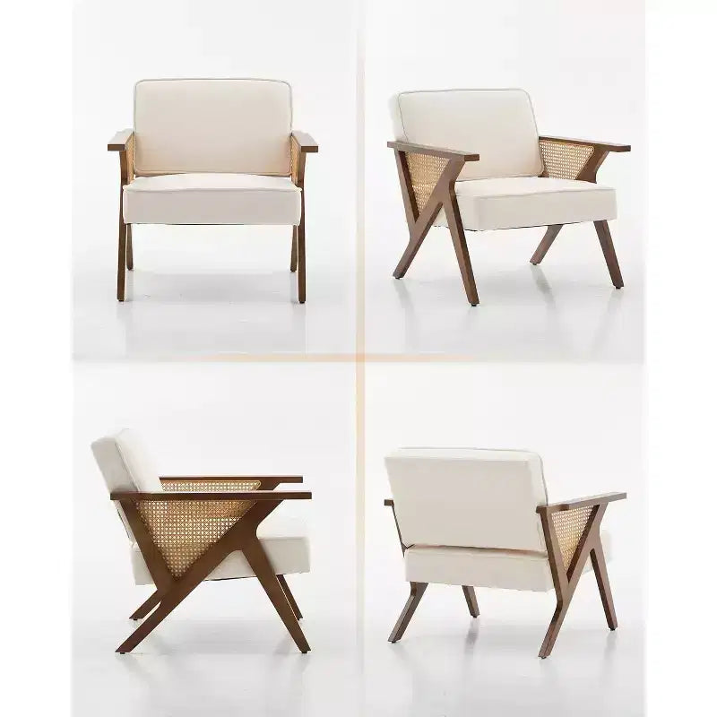Mid-Century Rattan Lounge Chair with Linen Cushion and Wood Frame, 286 lbs Capacity, Beige/Gray