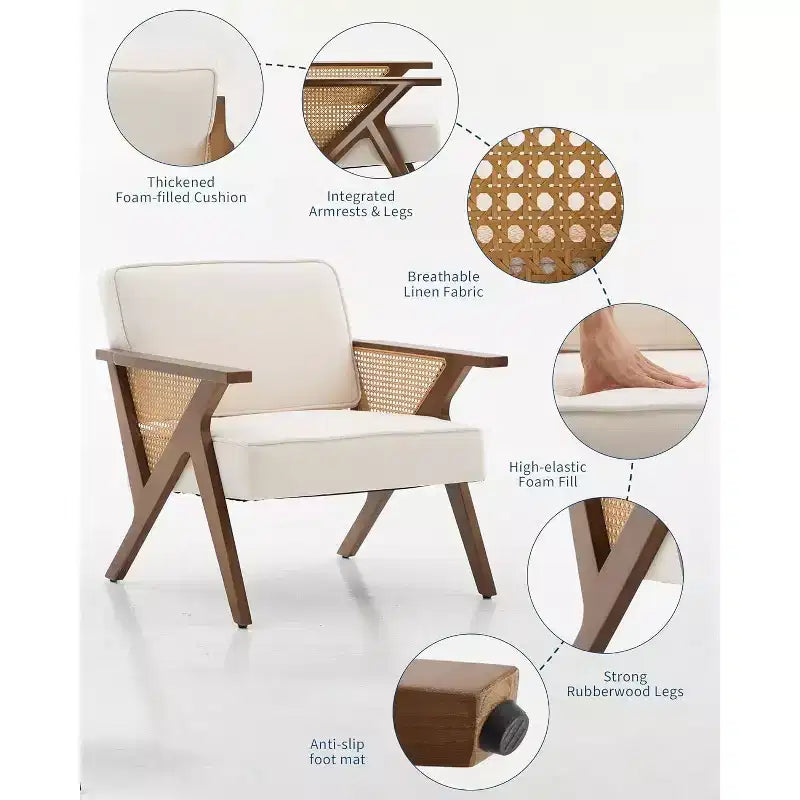 Mid-Century Rattan Lounge Chair with Linen Cushion and Wood Frame, 286 lbs Capacity, Beige/Gray