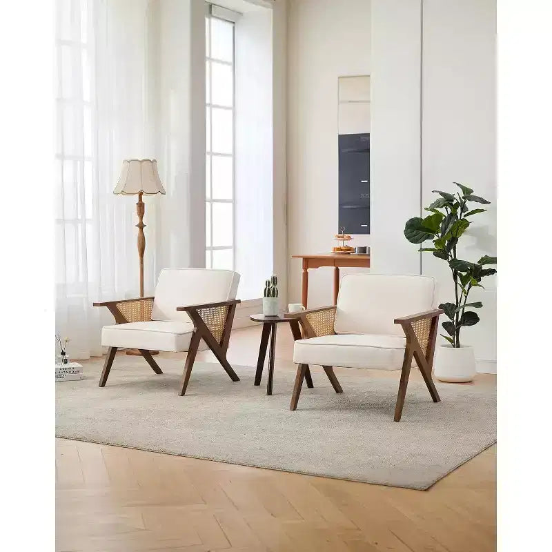 Poltrona lounge in rattan di metà secolo con cuscino in lino e struttura in legno, capacità 130 kg, beige/grigio