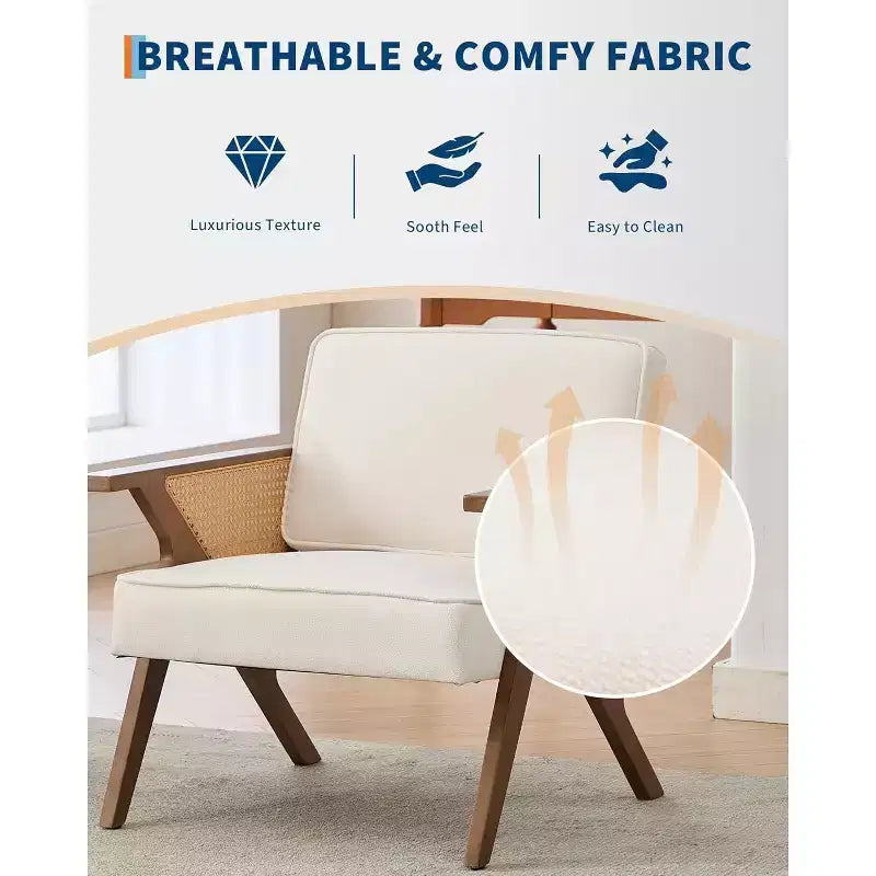 Poltrona lounge in rattan di metà secolo con cuscino in lino e struttura in legno, capacità 130 kg, beige/grigio