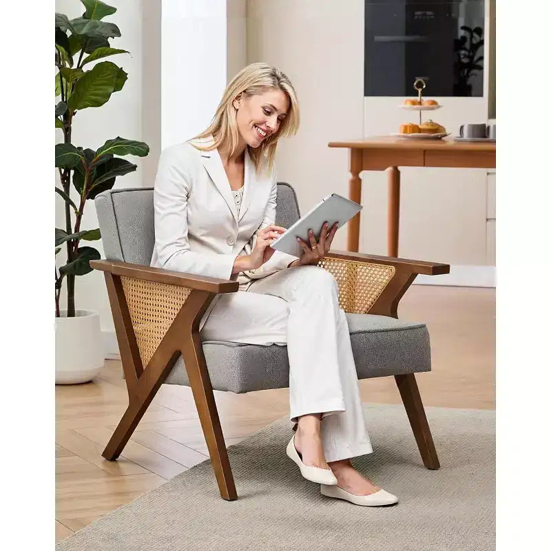 Mid-Century Rattan Lounge Chair with Linen Cushion and Wood Frame, 286 lbs Capacity, Beige/Gray