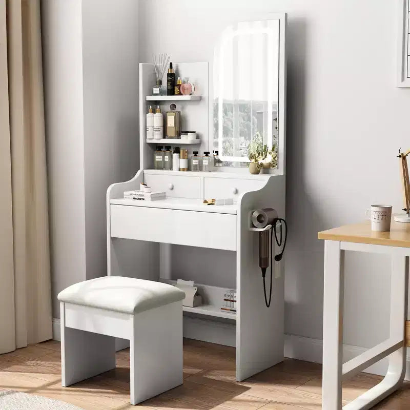 Makeup Vanity Table with Chair and Lighted Mirror, Drawers and Open Shelves, White