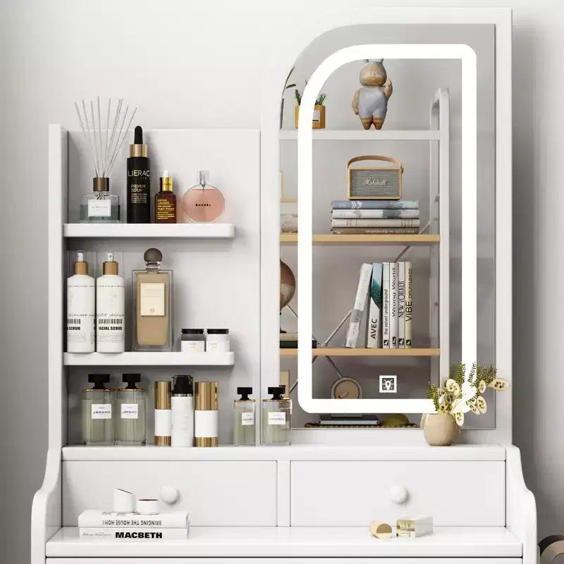 Makeup Vanity Table with Chair and Lighted Mirror, Drawers and Open Shelves, White