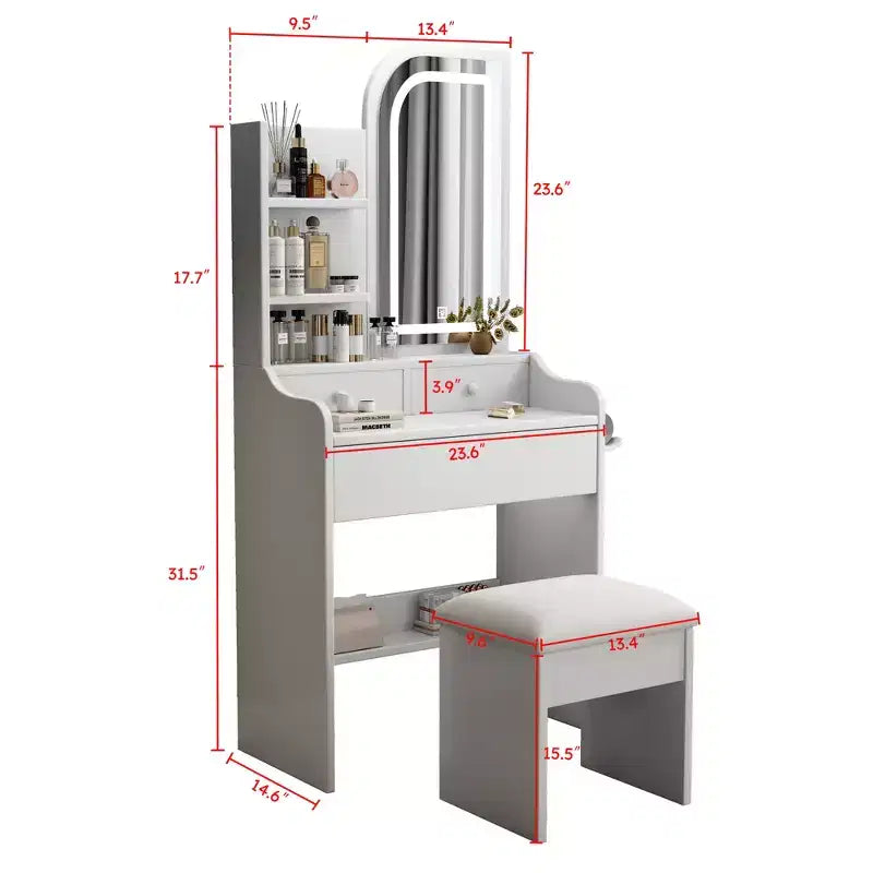 Makeup Vanity Table with Chair and Lighted Mirror, Drawers and Open Shelves, White