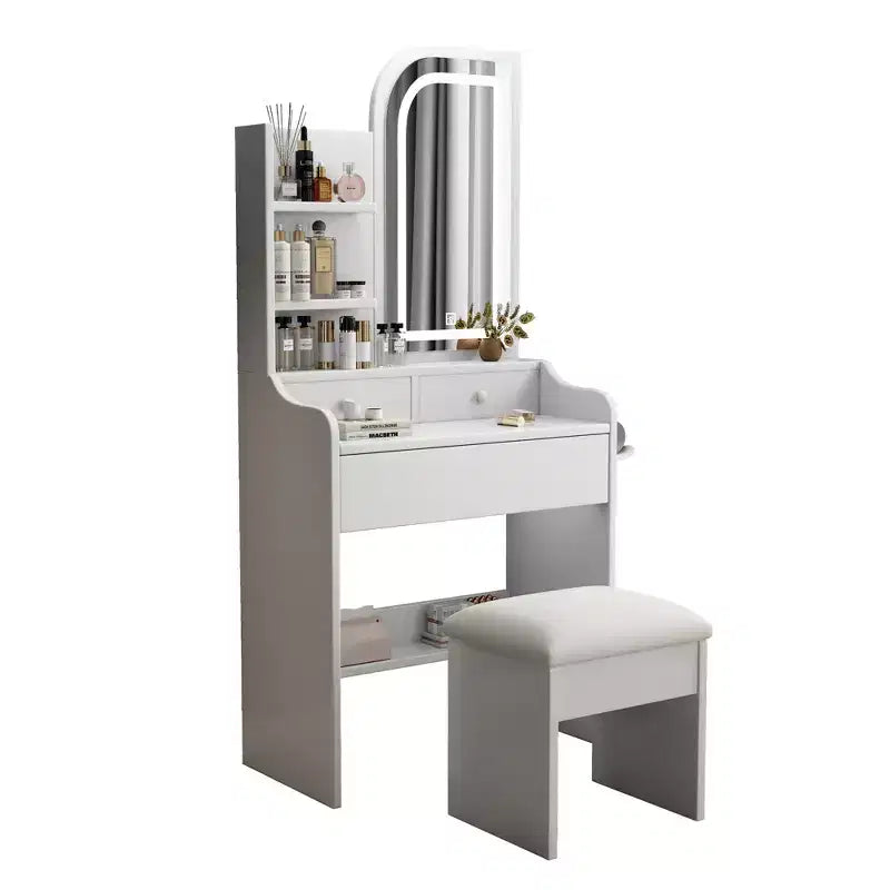 Tavolino da Trucco con Sedia e Specchio Illuminato, Cassetti e Ripiani Aperti, Bianco