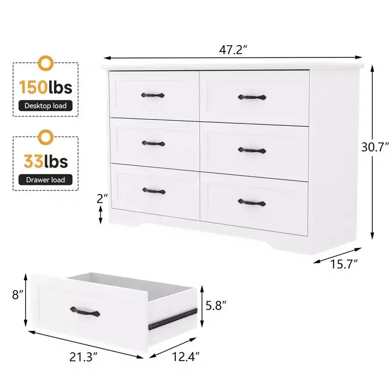 Comodino a 6 cassetti con maniglie in metallo – Cassettiera portaoggetti in MDF per camera da letto o soggiorno
