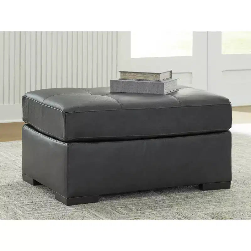 Oversized Accent Ottoman with Top Grain Leather Cushion, Fog Black