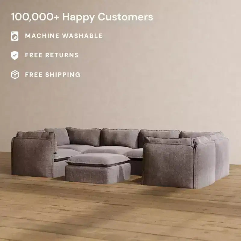 Divano sezionale a U modulare lavabile a 6 posti con pouf, cuscino sagomato e cuscini di seduta in memory foam