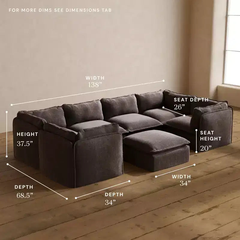 Divano sezionale a U modulare lavabile a 6 posti con pouf, cuscino sagomato e cuscini di seduta in memory foam