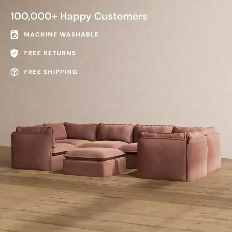 Divano sezionale a U modulare lavabile a 6 posti con pouf, cuscino sagomato e cuscini di seduta in memory foam