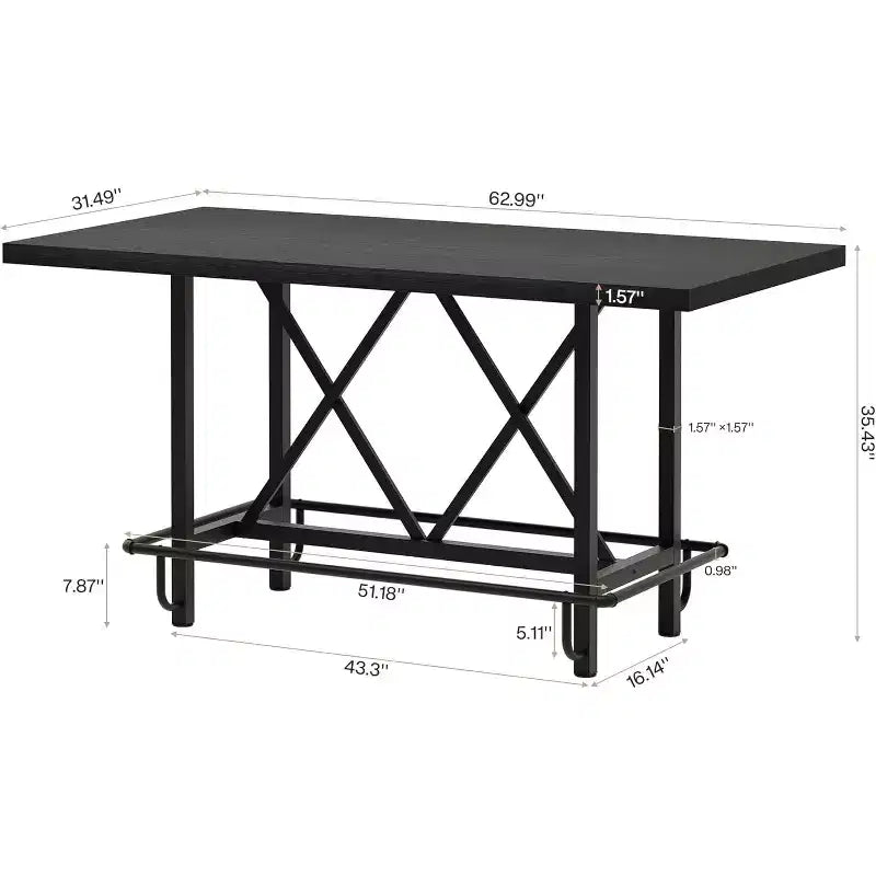 63-Inch Counter Height Bar Table with Metal Footrest, Black