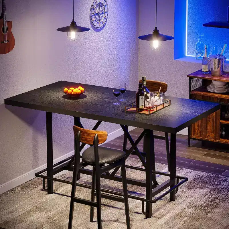 63-Inch Counter Height Bar Table with Metal Footrest, Black