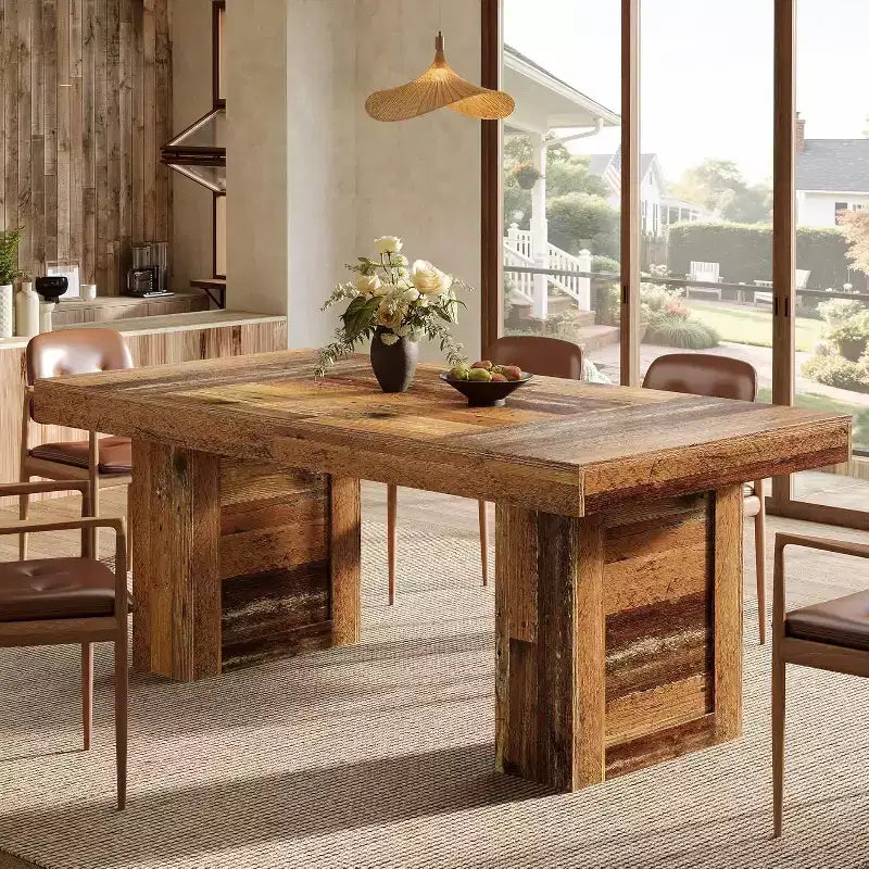 63-Inch Round Farmhouse Dining Table with Heavy-Duty Legs, Seats 4–6, Rustic Brown