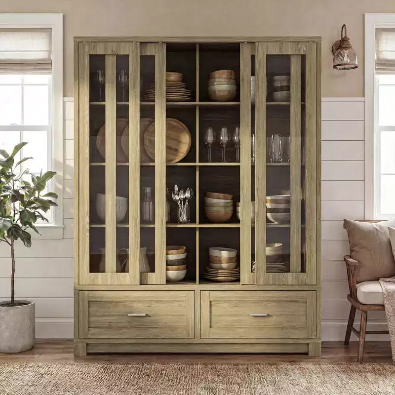 63W Kitchen Pantry Cabinet with Sliding Glass Doors and 2 Drawers, Tall Storage Hutch for Dining Room