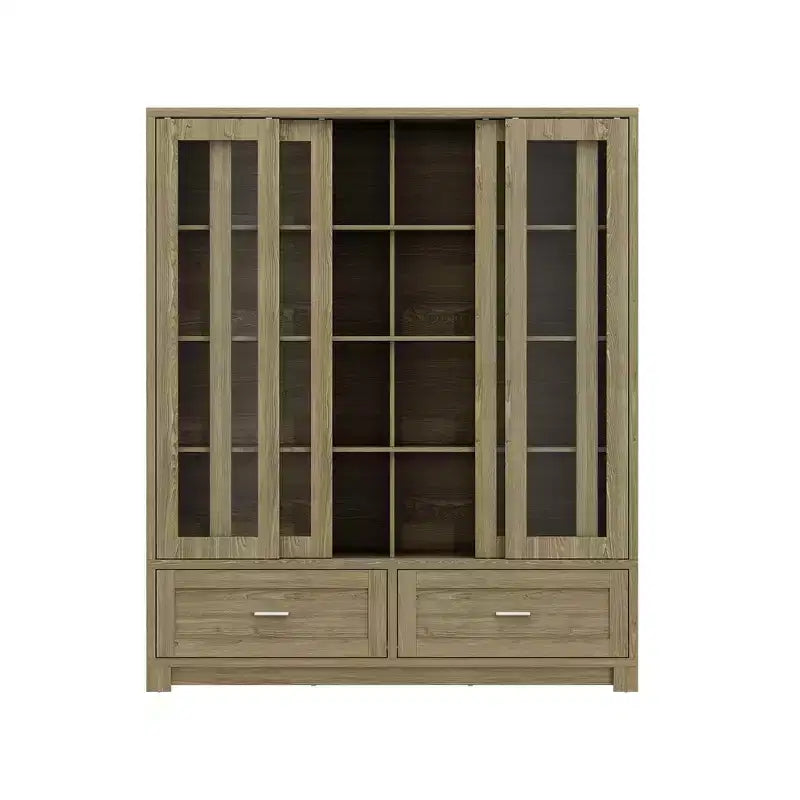 Dispensa da Cucina da 63W con Ante Scorrevoli in Vetro e 2 Cassetti, Credenza Alta per Sala da Pranzo