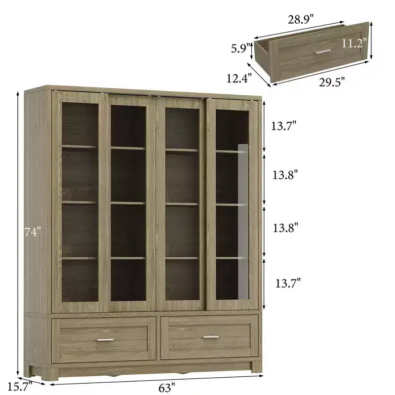 Dispensa da Cucina da 63W con Ante Scorrevoli in Vetro e 2 Cassetti, Credenza Alta per Sala da Pranzo