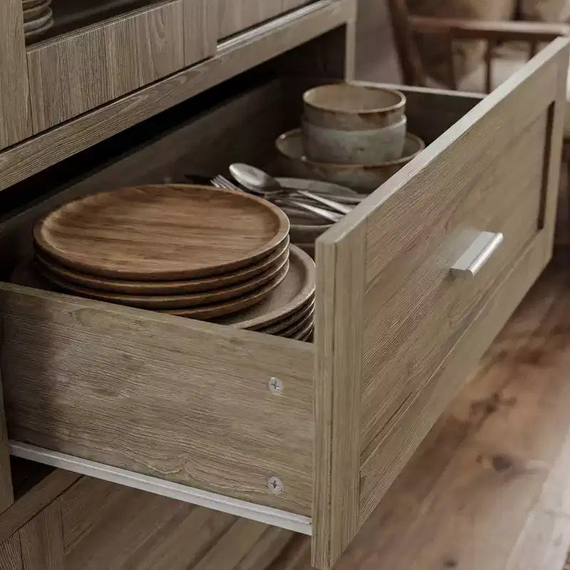 Dispensa da Cucina da 63W con Ante Scorrevoli in Vetro e 2 Cassetti, Credenza Alta per Sala da Pranzo