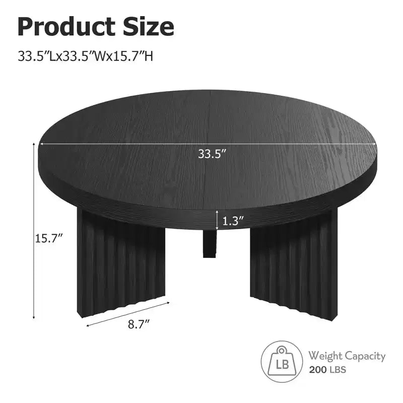 33.4 Inch Small Round Coffee Table with Thick Top and Fluted Legs for Living Room or Bedroom