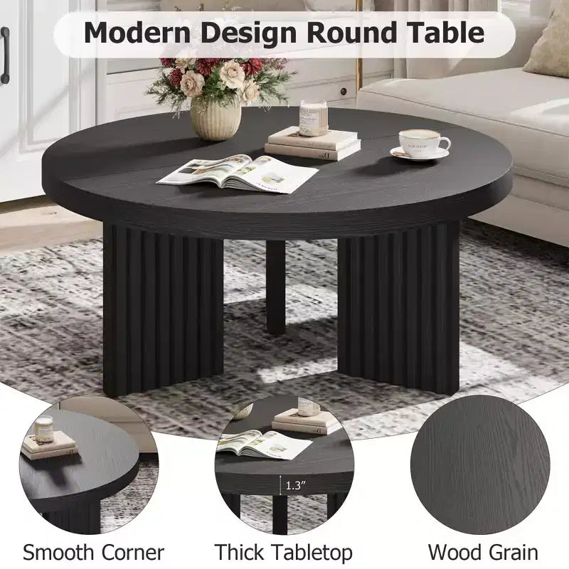 33.4 Inch Small Round Coffee Table with Thick Top and Fluted Legs for Living Room or Bedroom