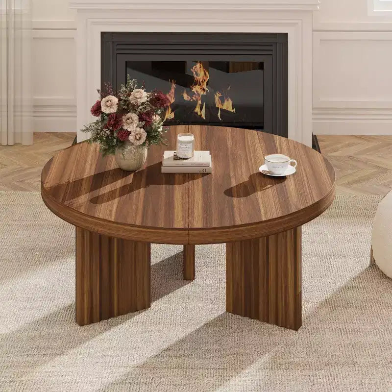 33.4 Inch Small Round Coffee Table with Thick Top and Fluted Legs for Living Room or Bedroom