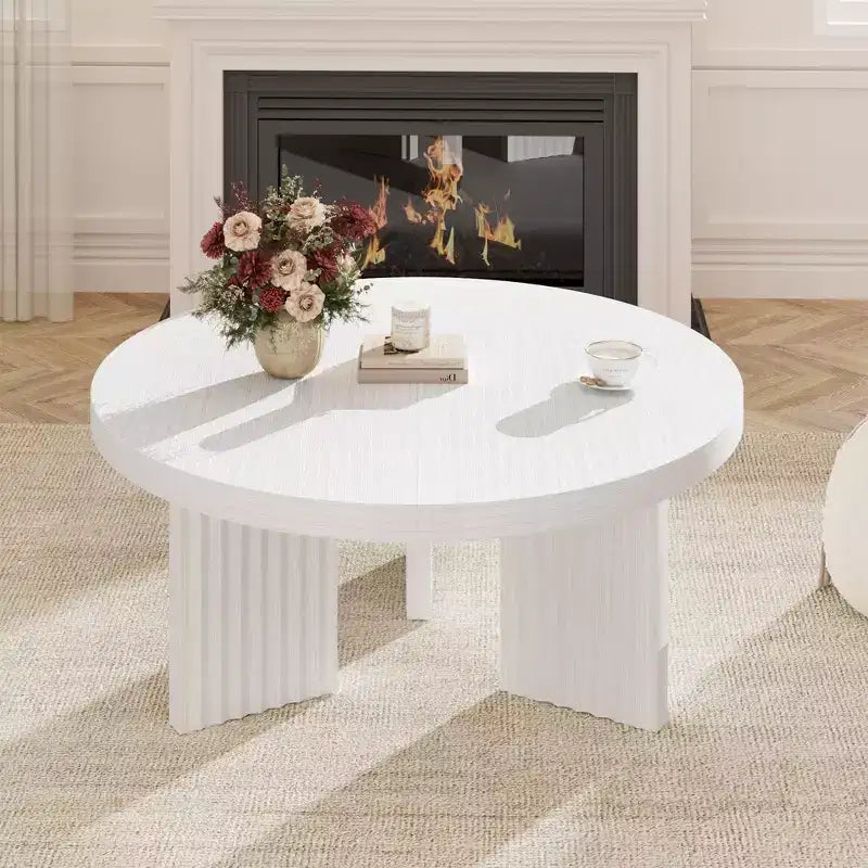 33.4 Inch Small Round Coffee Table with Thick Top and Fluted Legs for Living Room or Bedroom