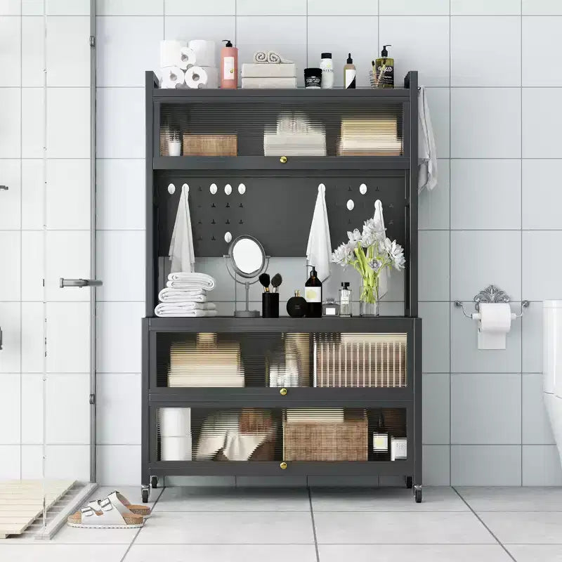 Pensile da Cucina a 5 Livelli da 65 Pollici con Armadietto ad Anta a Ribalta – Supporto per Microonde e Bar per il Caffè, Grigio