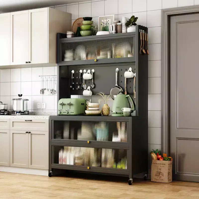 65-Inch 5-Tier Kitchen Bakers Rack with Flip Door Cabinet – Microwave Stand and Coffee Bar, Grey
