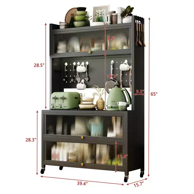 Pensile da Cucina a 5 Livelli da 65 Pollici con Armadietto ad Anta a Ribalta – Supporto per Microonde e Bar per il Caffè, Grigio