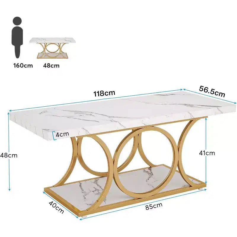 46.45-Inch 2-Tier Coffee Table with Faux Marble Top and Gold Geometric Metal Legs – White