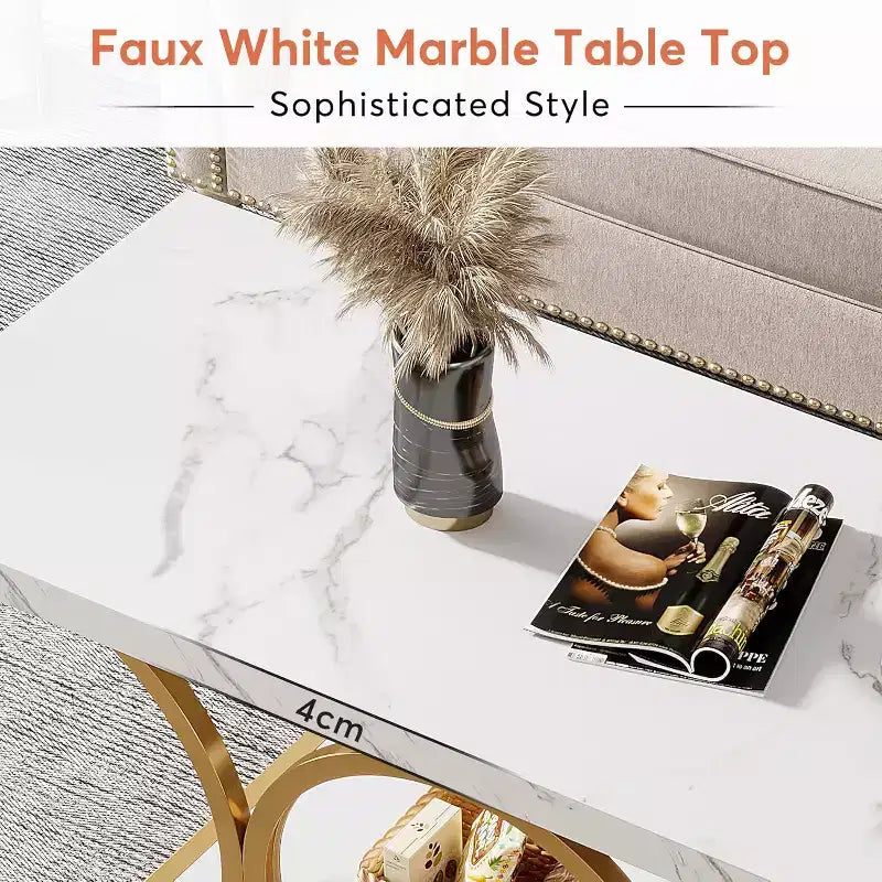 46.45-Inch 2-Tier Coffee Table with Faux Marble Top and Gold Geometric Metal Legs – White