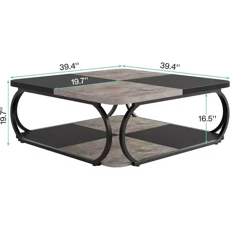 39-Inch 2-Tier Square Coffee Table with Open Storage Shelf – Rustic Grey MDF Top, Black Metal Frame