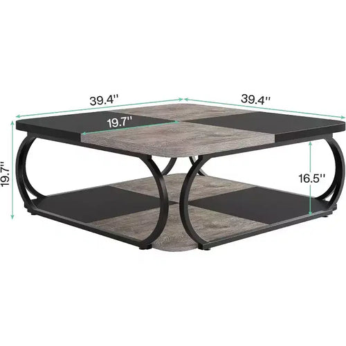 Tavolino da caffè quadrato a 2 ripiani da 99 cm con ripiano portaoggetti aperto – Piano in MDF grigio rustico, struttura in metallo nero