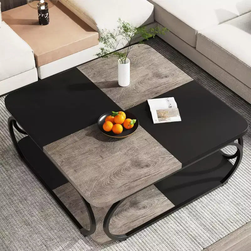 Tavolino da caffè quadrato a 2 ripiani da 99 cm con ripiano portaoggetti aperto – Piano in MDF grigio rustico, struttura in metallo nero