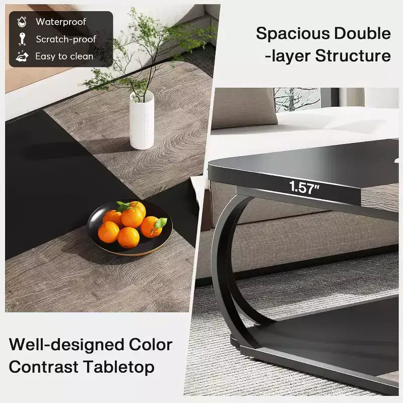 39-Inch 2-Tier Square Coffee Table with Open Storage Shelf – Rustic Grey MDF Top, Black Metal Frame
