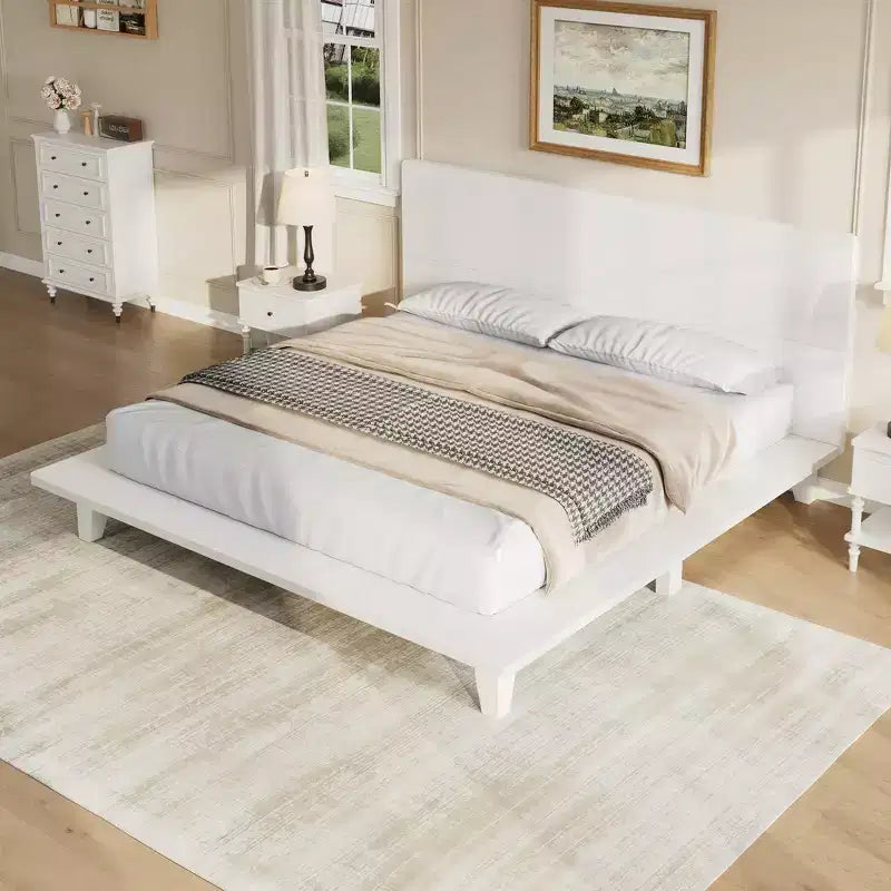 Full Platform Bed Frame with Headboard and Wood Slat Support – Pine Wood & MDF