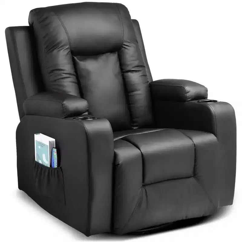 Side Lever Recliner Chair with Heated Massage, PU Leather, Black