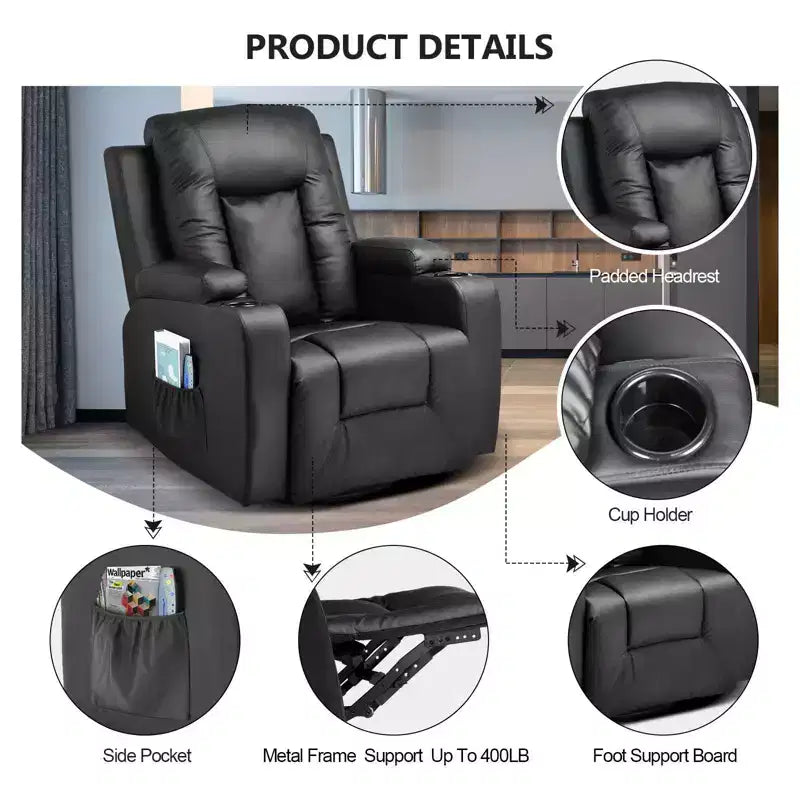 Side Lever Recliner Chair with Heated Massage, PU Leather, Black