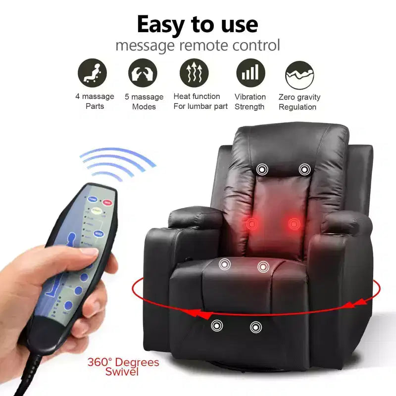 Side Lever Recliner Chair with Heated Massage, PU Leather, Black