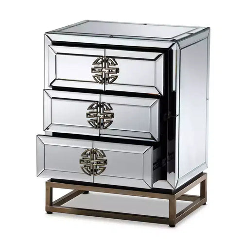 3-Drawer Mirrored Nightstand with Antique Bronze Finish