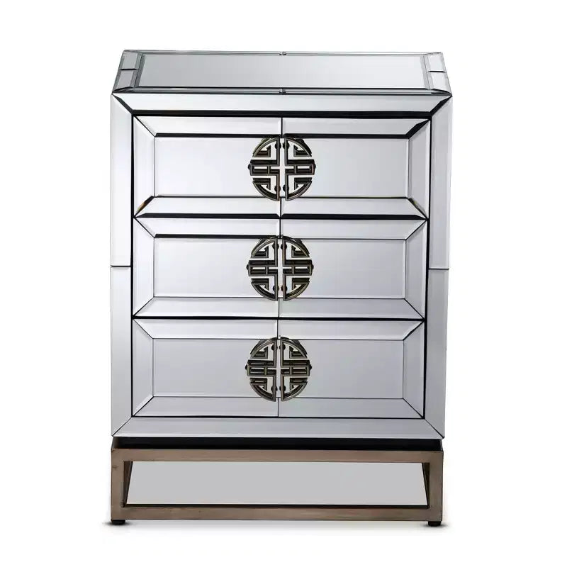 3-Drawer Mirrored Nightstand with Antique Bronze Finish