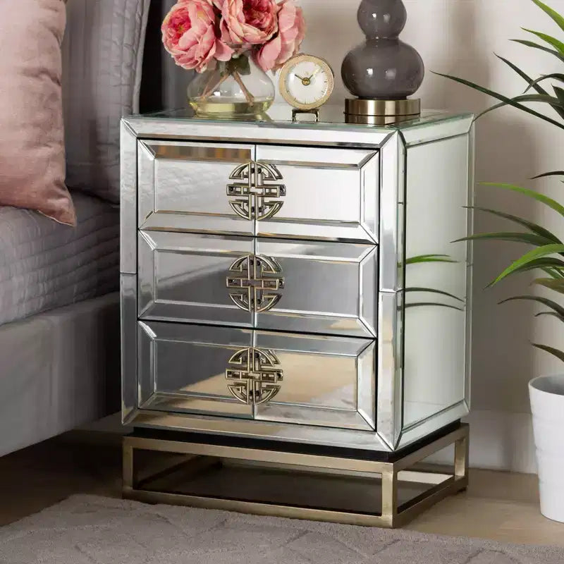 3-Drawer Mirrored Nightstand with Antique Bronze Finish